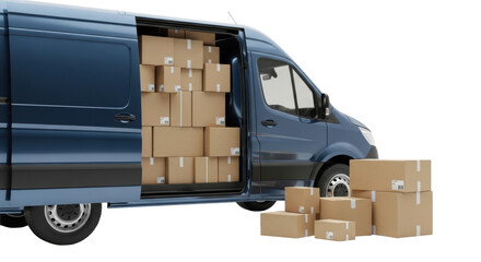 photorealistic 3d cgi render of a deep metallic blue high-top cargo transit van with open door revealing tightly stacked brown shipping boxes on a white background, concept of modern logistics and