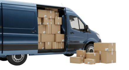photorealistic 3d cgi render of a deep metallic blue high-top cargo transit van with open door revealing tightly stacked brown shipping boxes on a white background, concept of modern logistics and