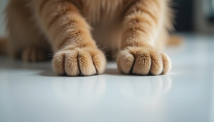 Macro shot of ginger cat paws resting on a smooth white surface.