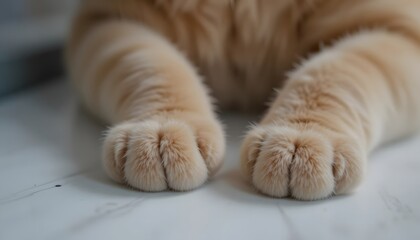 Macro shot of ginger cat paws resting on a smooth white surface.