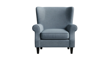 Elegant Grey Armchair with High Back and Rolled Arms on White Background.