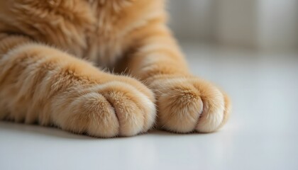 Macro shot of ginger cat paws resting on a smooth white surface.
