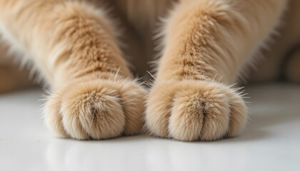 Macro shot of ginger cat paws resting on a smooth white surface.