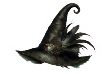 Witch hat with feathers and gemstone, creating an enchanting accessory for magic, fantasy, and halloween costumes