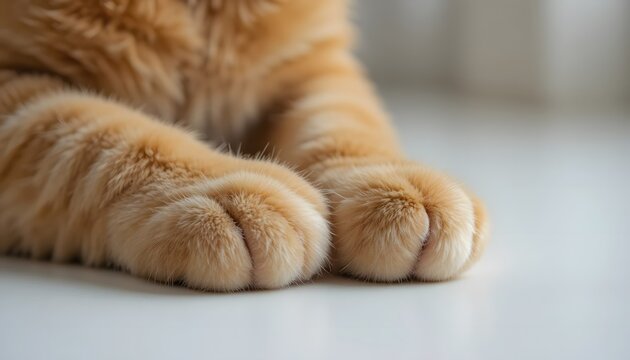 Macro shot of ginger cat paws resting on a smooth white surface. - Powered by Adobe