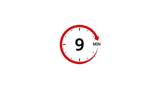 Red circular timer icon with the number 9 and M for minutes on a white background clock nine