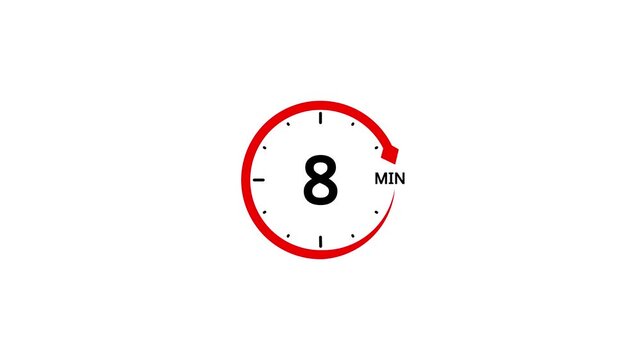 Red circular timer icon with the number 8 and M for minutes on a white background clock eight