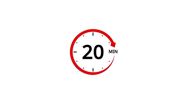 Red circle timer icon with number 20 and minutes indicator on white background 20 minutes clock
