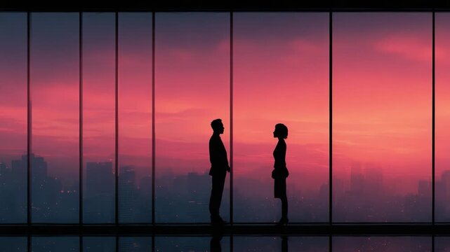 Silhouetted couple standing in front of expansive glass windows, enveloped in a vibrant sunset, creating a romantic atmosphere against a breathtaking cityscape.
