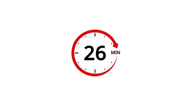 Red circular timer icon with number 26 and minute indicator on white background clock countdown