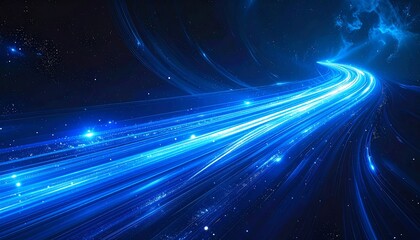 A luminous, curving stream of intense blue light streaks through a dark expanse, suggestive of speed and vastness