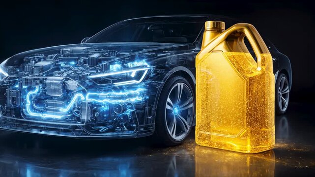 Automobile engine motor oil advertising mockup with transparent car displaying glowing blue internal system, golden lubricant bottle with copy space and FPO placement for brand text.