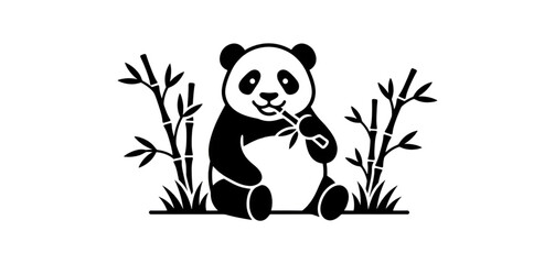Cute panda eating bamboo illustration black and white vector.