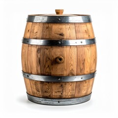 Wooden barrel with metal rings, a spigot, and a rounded wooden lid