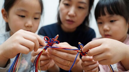 A caring mother teaches her daughters the craft of knotting a colorful art piece, passing down cultural heritage, creating moments of joy, artistic expression, and intergenerational bonding.