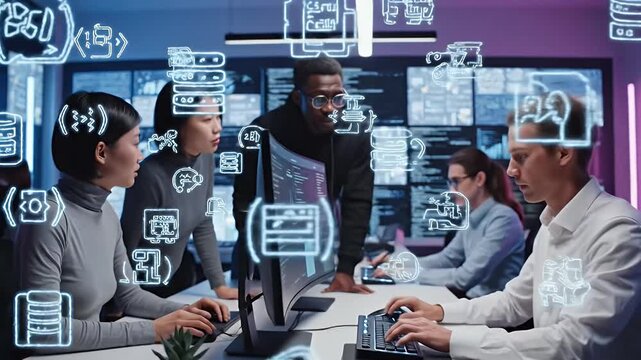 Diverse tech team collaborates around a computer screen surrounded by floating data visualizations representing coding analytics and digital innovation for modern business solutions