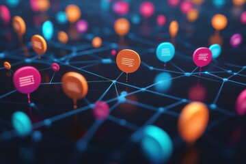 Colorful network of communication icons illustrating connectivity and interaction online