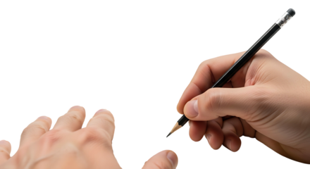 Hand holding a pencil ready to write or draw on a blank white surface symbolizing creativity and new ideas.