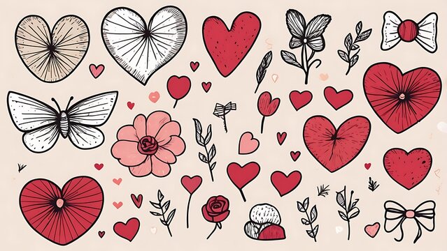Hand drawn cute elements for Valentines day, wedding invitation, birthday card. Trendy vintag