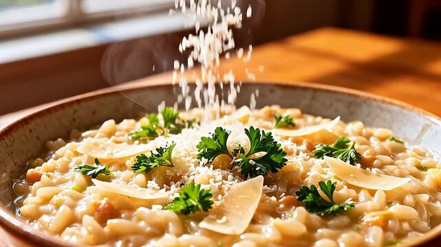 Steaming risotto in bowl with herbs