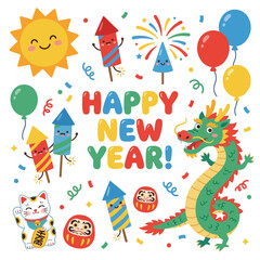 Naklejka premium Happy New Year Celebration with Festive Dragon, Fireworks, and Lucky Charms