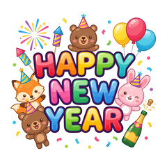 Fototapeta premium Cute cartoon animals celebrating a festive Happy New Year with colorful balloons, fireworks, and confetti, perfect for holiday greetings and party invitations