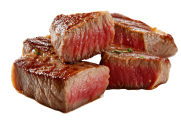 Stacked Cubes of Seared Rare Beef Steak with Pink Interior and Brown Crust medium meat