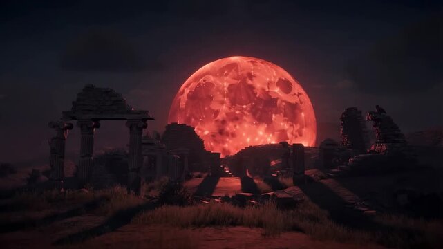 Eerie red moon rising over ancient ruins at night