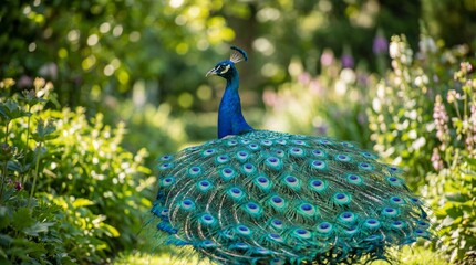 Obraz premium A Majestic Peacock displaying its stunning plumage in a vibrant garden, a visual symphony of color and elegance, symbolizing beauty and grace in its natural habitat.
