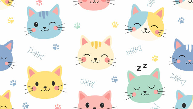 Cute Cartoon Cat Faces Sleeping Peacefully.