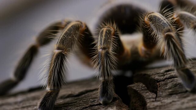 Closeup sequence of hairy tarantula walking gracefully across rough bark