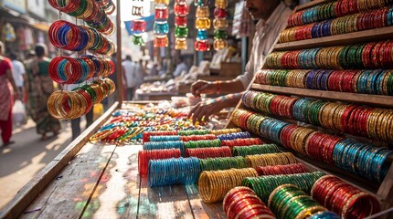 A vivid street market scene, showcasing the vibrant array of colorful bangles on display, attracting potential customers.