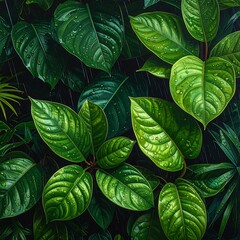 Fototapeta premium Lush Green Foliage with Raindrops - A Vibrant Close-Up of Tropical Leaves in a Natural Environment.