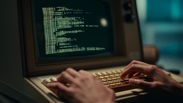 Retro computer coding sequence with hands typing on vintage keyboard in closeup