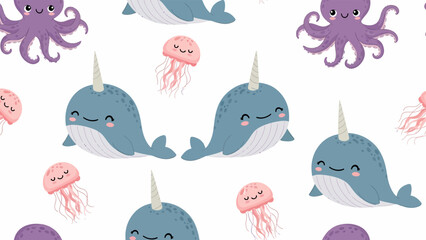 Cute Cartoon Narwhals Swimming with Sea Creatures. © Amir