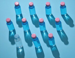 Bottles of blue liquid with pink caps are arranged diagonally on blue background