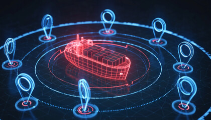 Navigating the Global Network: A futuristic depiction of a cargo ship at the heart of a digital network, with location markers surrounding it, symbolizing the complexities of global logistics.