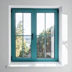 Fototapeta premium Teal framed window with grid pattern and bright outdoor view