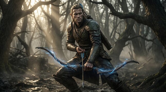 Handsome male elf warrior, athletic build, sharp jawline, intense eyes, wearing dark elven leather armor, holding a glowing bow
