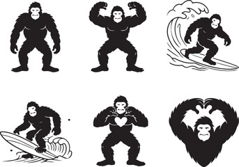 A gorilla is shown in various poses and activities