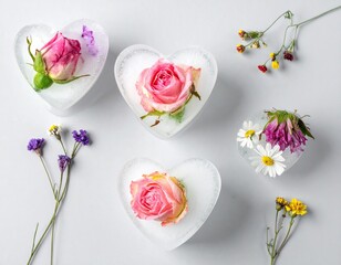 Heart-shaped ice molds holding flowers, a decorative, romantic arrangement