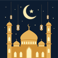 Ramadan Night Mosque Illustration Crescent Moon Islamic Vector