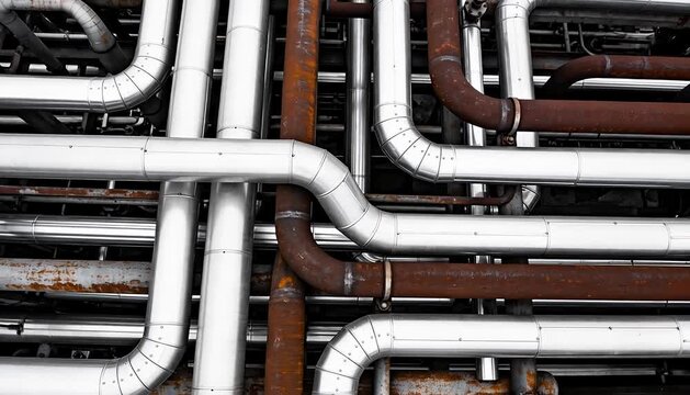 Intricate network of industrial pipes, steel conduits, and rusty tubes industrial pipes pipelines, conduits.