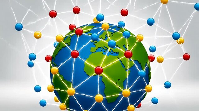 Colorful network connections surrounding a globe, representing global communication