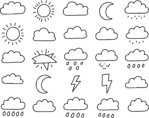 A collection of weather icons on a white background