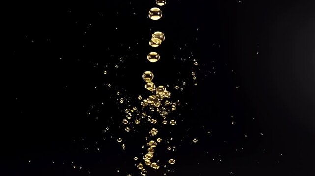 Golden liquid drop sequence with bubbles on black background in slow motion