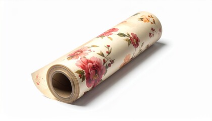 Rolled-Up Floral Wallpaper with Cream Background and Pink, Red, Orange Flowers and Green Leaves
