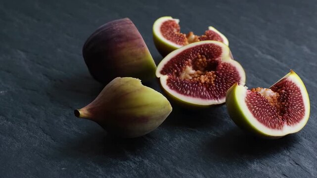 Fresh figs in motion: from rotation to sliced display on dark slate surface