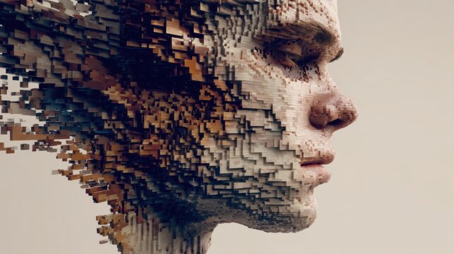 Pixelated human face dissolving abstract digital art