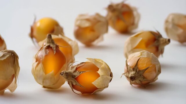 Golden berries in motion: fresh physalis on white background with soft focus
